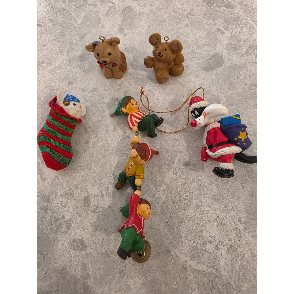 Vintage Christmas Ornament Lot Sylvester Santa Climbing Elves Teddy Bears Mouse